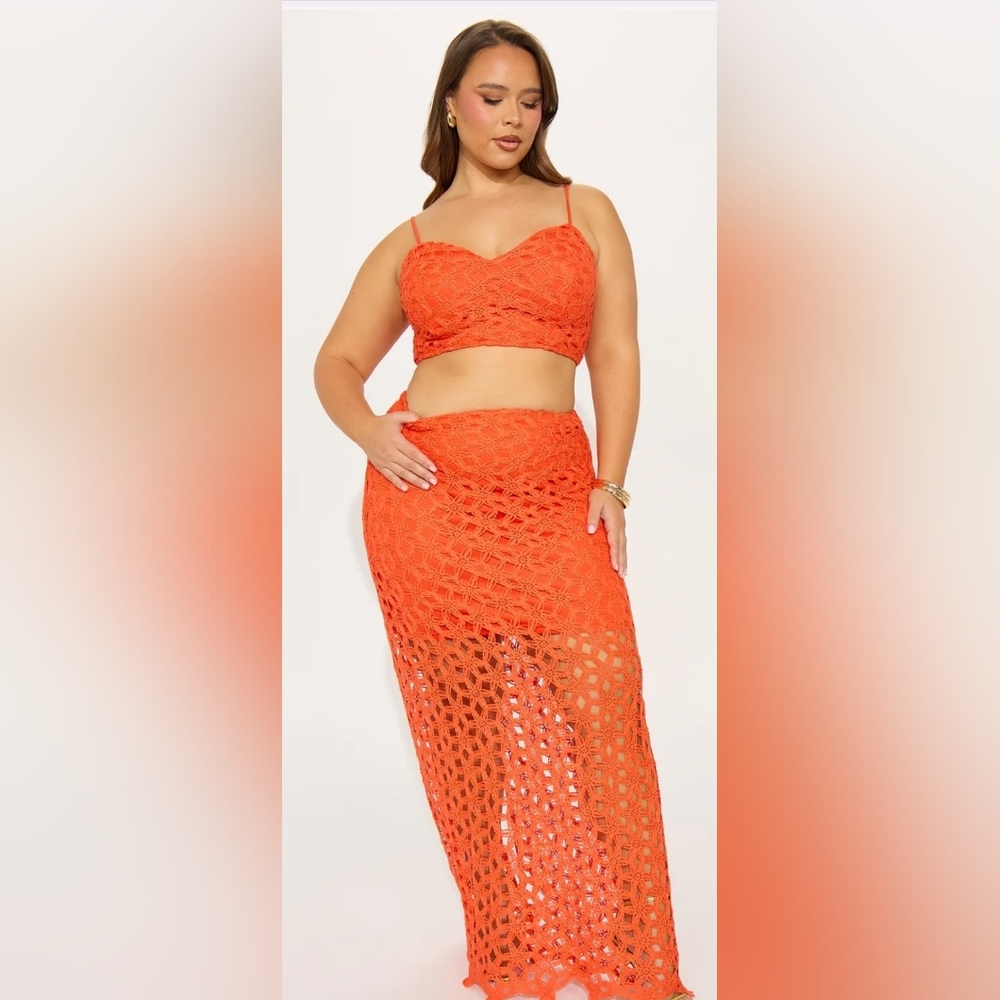 Fashion Nova Orange Crochet Maxi Skirt Set
